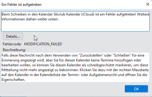 Kalendersynchronisation TB 91 mit iCloud - Termineingabe im Thunderbird Kalender nicht möglich 