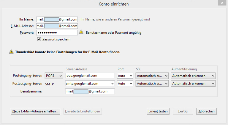Gmail Googlemail Benutzername Oder Passwort Ungultig Konten Einrichten Thunderbird Mail De