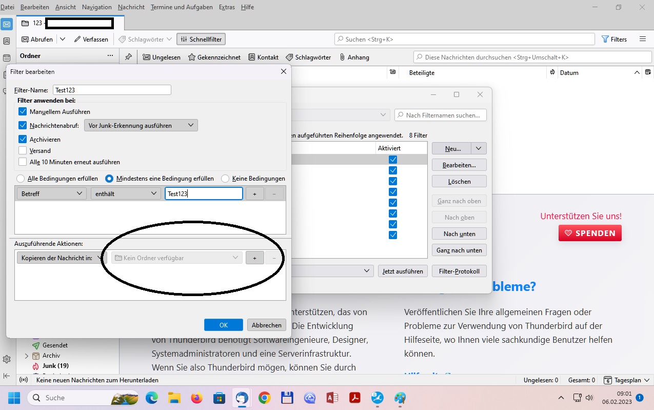 Kein Filtern der Emails im Unterordner mehr möglich Filter (Regeln), JunkFilter und