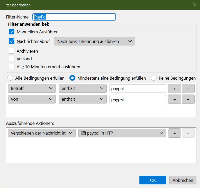 Filter bewegen Mail permament hin und her (TB 102.7.2 (64Bit) Filter (Regeln), JunkFilter
