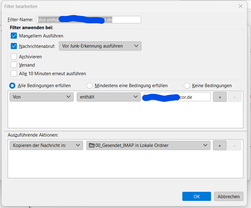 Sync IMAP Sent Ornder auf Lokale Ordner Filter (Regeln), JunkFilter und DatenschutzOptionen