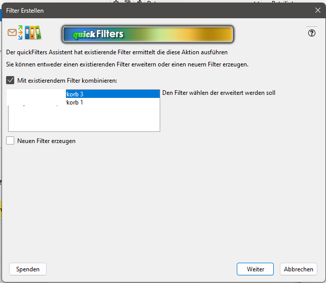 Mit bisherigen Filter kombinieren Filter (Regeln), JunkFilter und DatenschutzOptionen