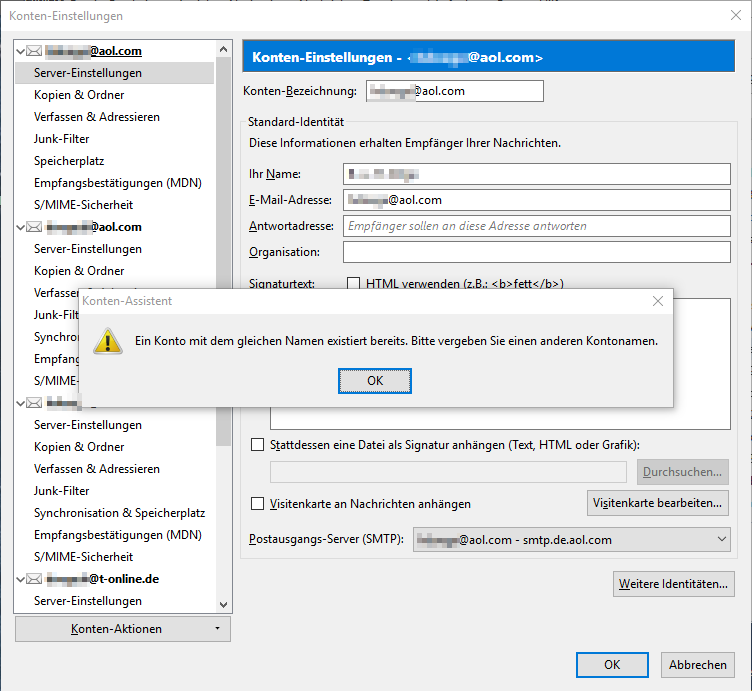 Einstellungen eines bestehenden Kontos lassen sich nicht ändern ...