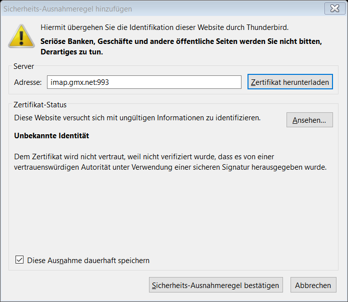 Warnmeldungen Zu Zertifikaten Von Gmx Und Web De Konten Einrichten Thunderbird Mail De