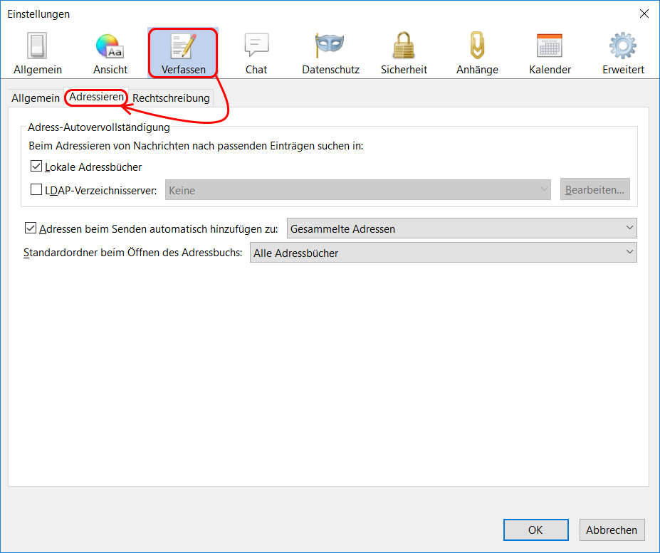 Einstellungen - Verfassen - Thunderbird Mail DE