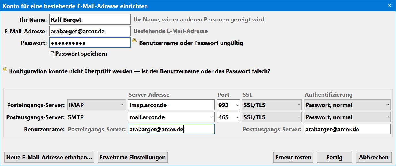 Arcor Postach Im Thunderbird Funktioniert Nicht Konten