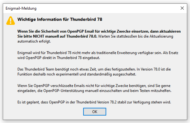 Enigmail Warnung vor Thunderbird 78
